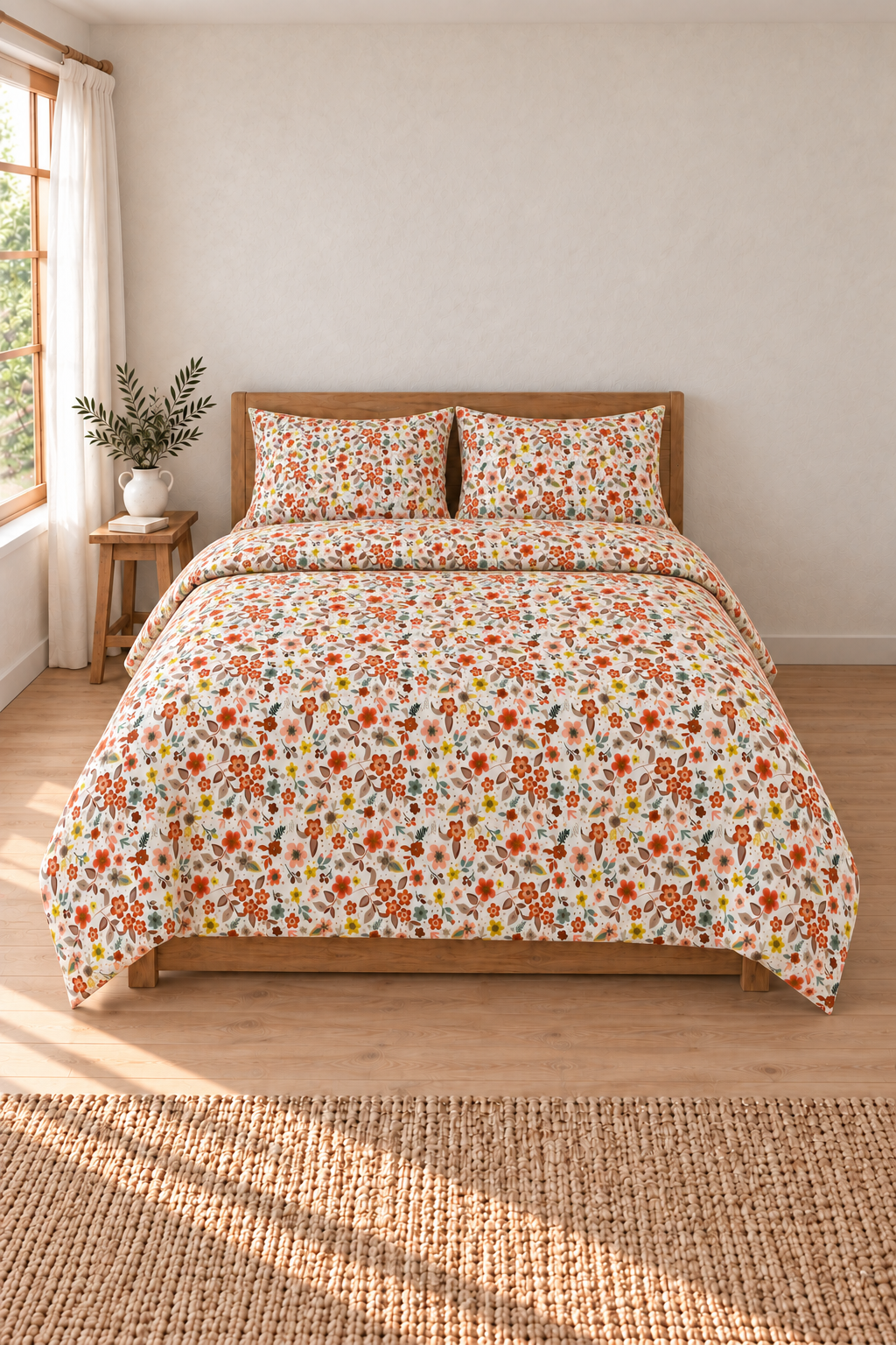 Flower Turuncu Çift Kişilik %100 Pamuk Lastikli Çarşaflı Nevresim Takımı