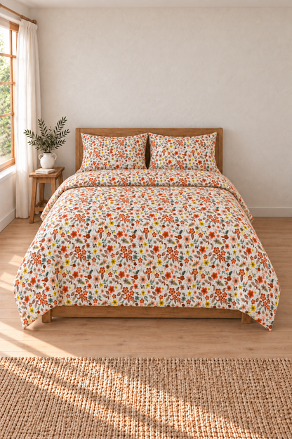 Flower Turuncu Çift Kişilik %100 Pamuk Lastikli Çarşaflı Nevresim Takımı