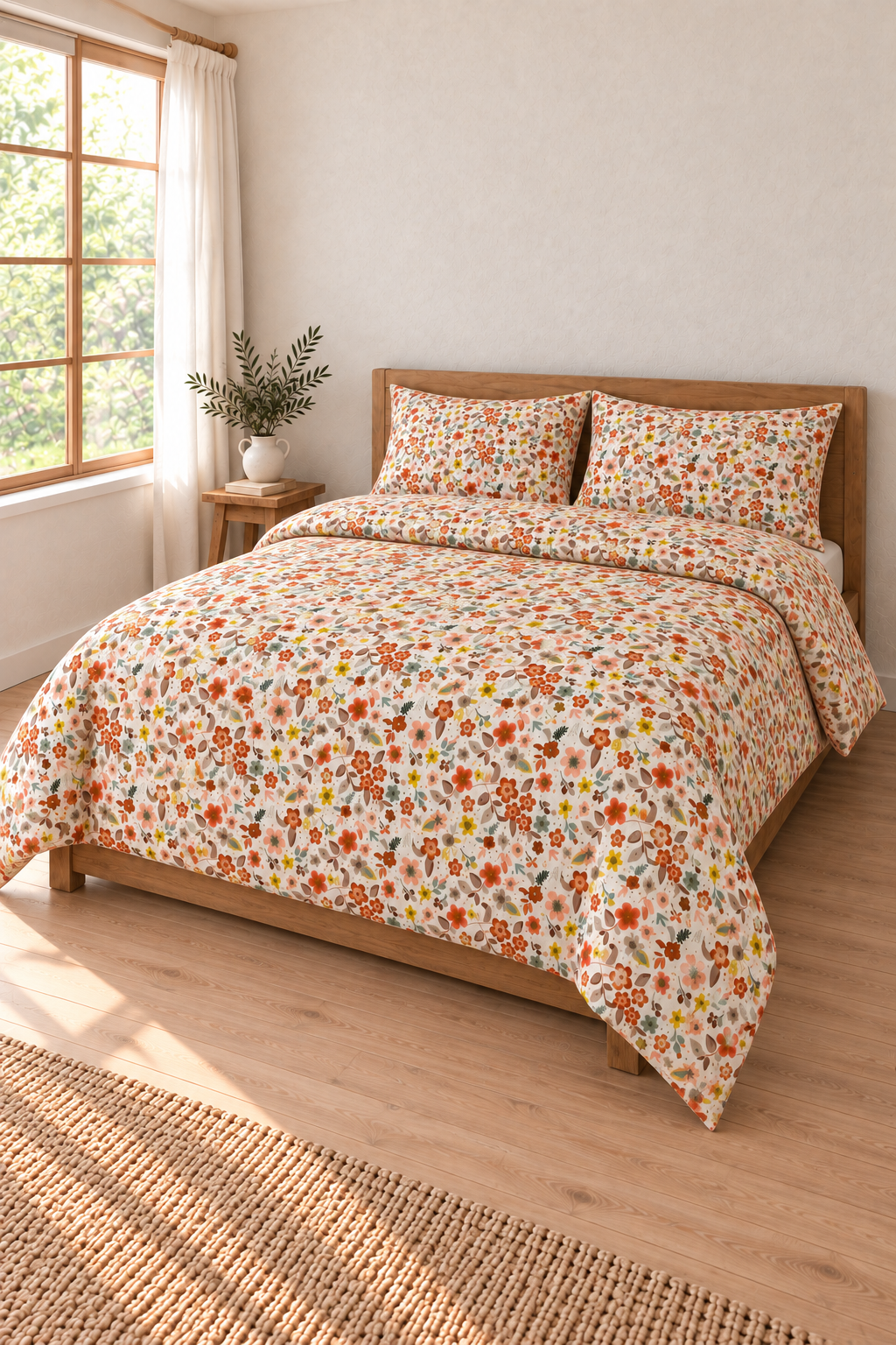 Flower Turuncu Çift Kişilik %100 Pamuk Lastikli Çarşaflı Nevresim Takımı
