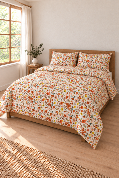 Flower Turuncu Çift Kişilik %100 Pamuk Lastikli Çarşaflı Nevresim Takımı