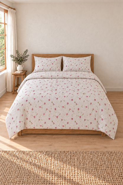 Flower Çift Kişilik %100 Pamuk Lastikli Çarşaflı Nevresim Takımı