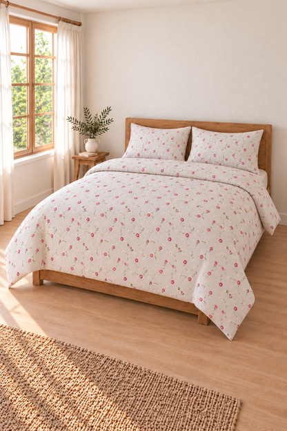 Flower Çift Kişilik %100 Pamuk Lastikli Çarşaflı Nevresim Takımı