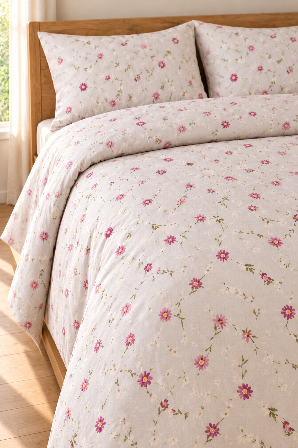 Flower %100 Pamuk Tek Kişilik Lastikli Çarşaflı Nevresim Takımı 160x220 Çiçekli Desen İlik Düğmeli