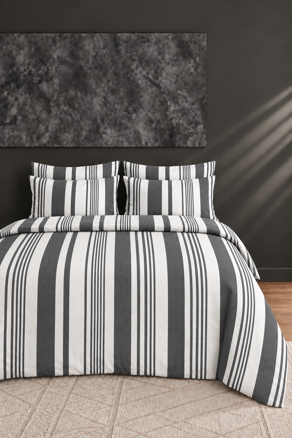 Oile Home Çizgili Pamuklu Lastikli Çarşaflı Nevresim Takımı gri